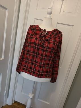 J. Crew Factory Red Plaid Lace-Up Ruffle Neck Blouse Size Large, Festive
